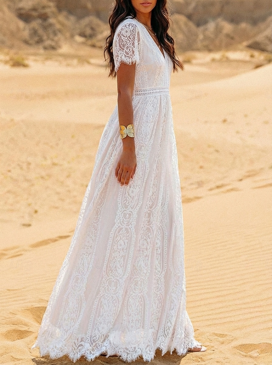 Dámské Maxi šaty Boho šaty Krajkové šaty Bílé šaty Letní šaty Elegantní Módní Plážové Dovolená Běžný Bez vzoru Krátký rukáv Do V Bílá Léto Jaro 2026 - $45.99 –P3