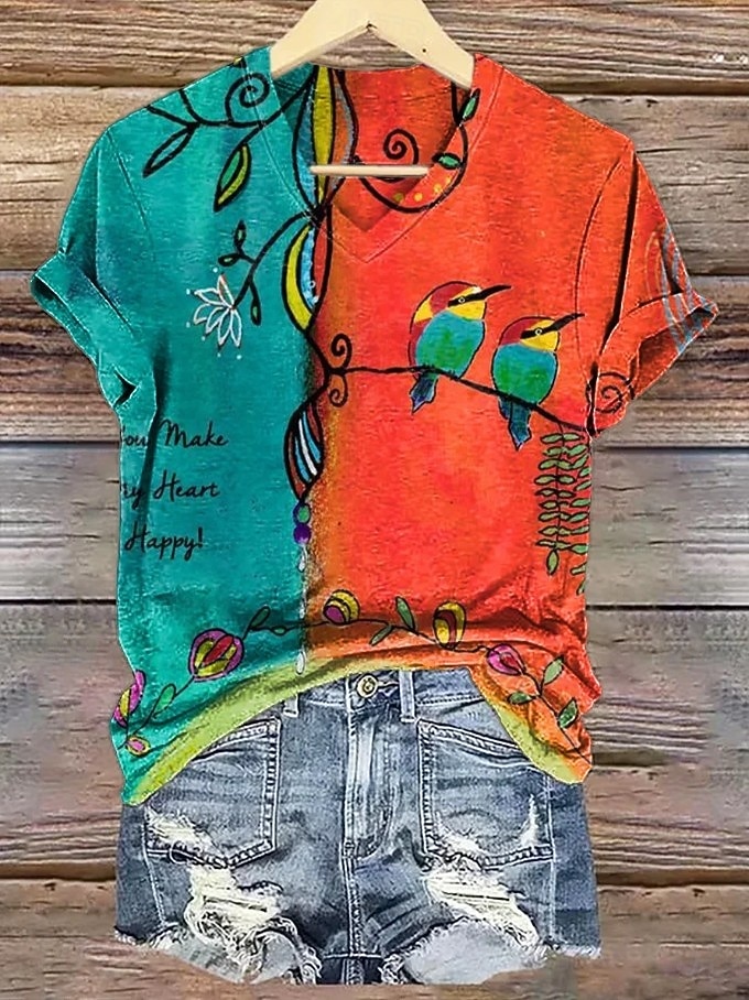 Mulheres Camiseta Imprimir Floral Gráfico Plantas Vintage à moda Clássico Manga Curta Decote V Tops longos Diário Final de semana Azul Laranja + Verde Branco Amarelo Rosa Verão Primavera de 2026 por $8.49 –P10