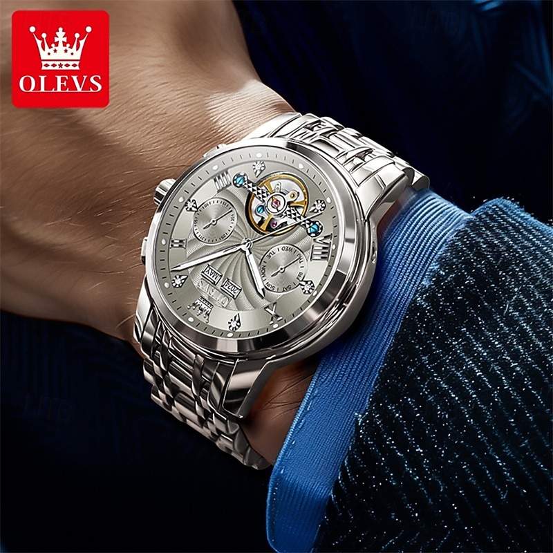 Orologio automatico da uomo Olevs Skeleton, lussuoso orologio da polso da lavoro bicolore in acciaio inossidabile con calendario multifunzione, orologio meccanico analogico luminescente impermeabile, del 2026 a $109.99 –P13