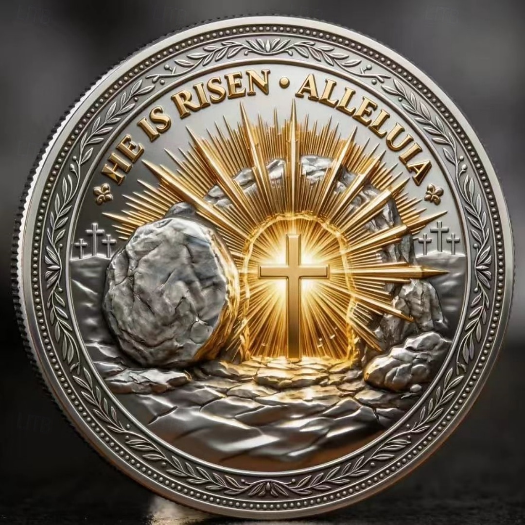 On zmartwychwstał, zmartwychwstanie, wiara, moneta pamiątkowa upamiętniająca Wielkanoc, fragment z Ewangelii Jana 3:16, inspirujący chrześcijański medal kolekcjonerski, religijny prezent nabożny 2026 - $19.99 –P1