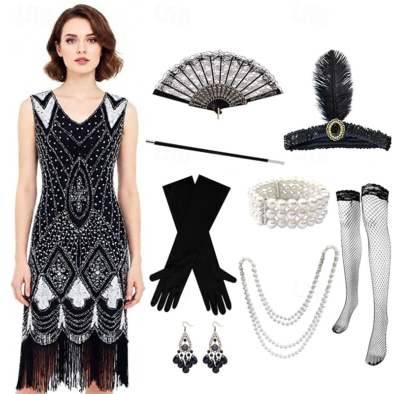 Vintage Roaring 20s 1920s Knee Length Dress Flapper Dress Gloves Sleeveless The Great Gatsby Charleston Sequins Tassel Fringe Fancy Dress Women's Halloween Carnival Cocktail Party Adults' 1 Fan Dress 2026 - $66.99 –P7
