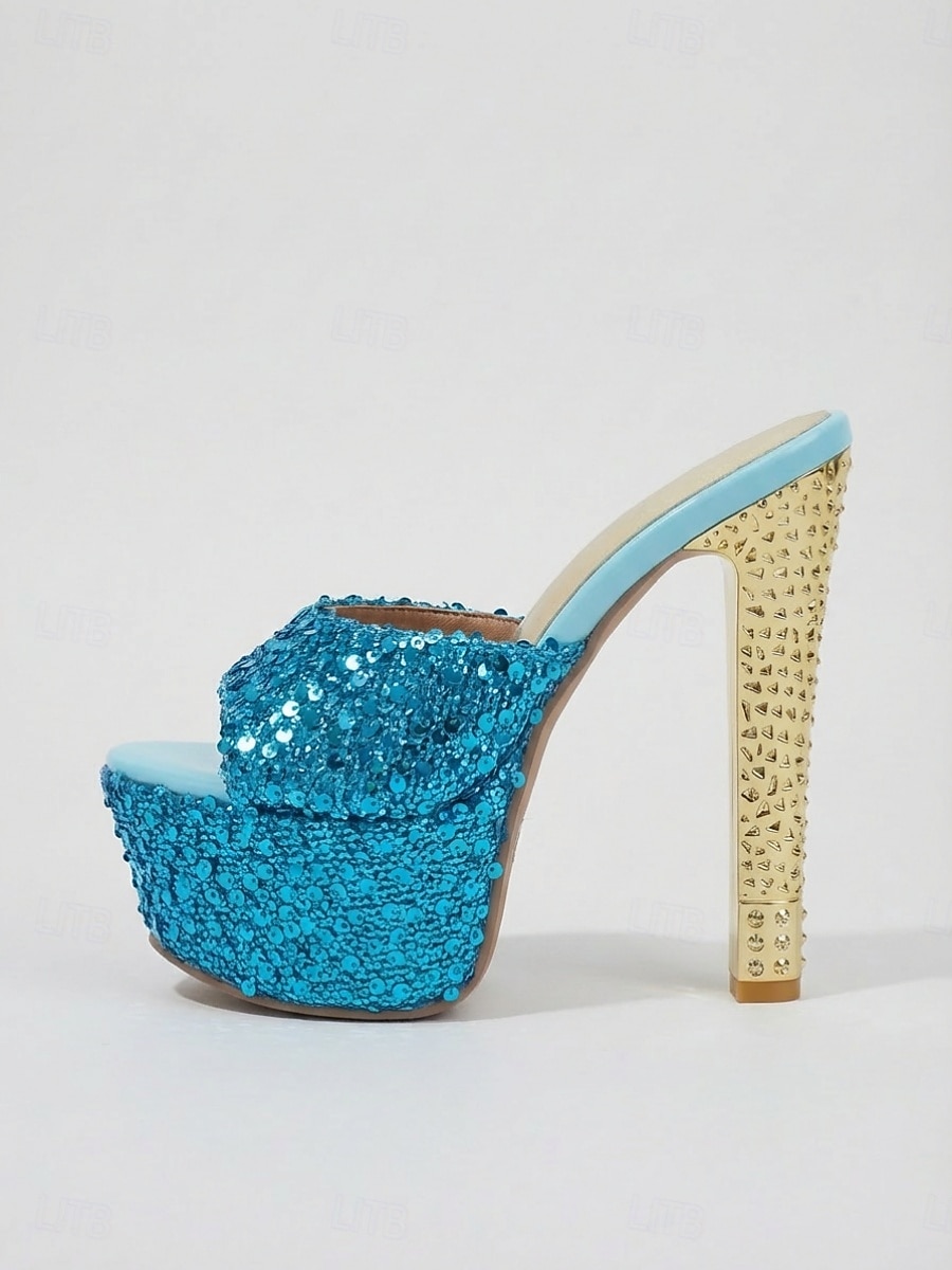 Damessandalen met blauwe glitterplateauhak en open neus, perfect voor een feestje of avondje uit in de club. &glamoureuze avondlooks 2026 - $59.99 –P2