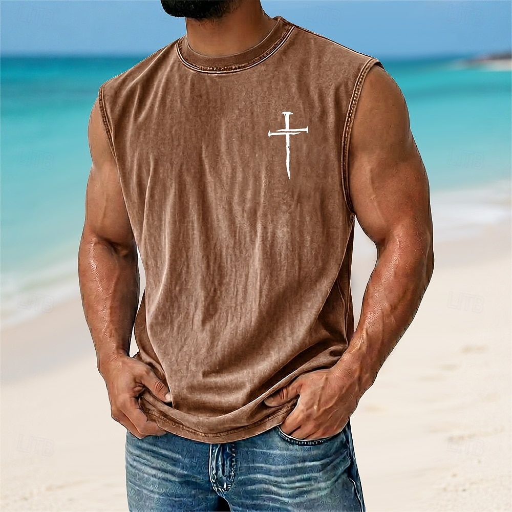 Hombre Cruz Top Camiseta desteñida con ácido Camisetas Interiores Sin Mangas Camiseta Impresión gráfica Cuello Barco Camisa Vacaciones Tropical Moda Diario Vacaciones Playas Negro Marrón Verde Trébol 2026 - $17.99 –P4