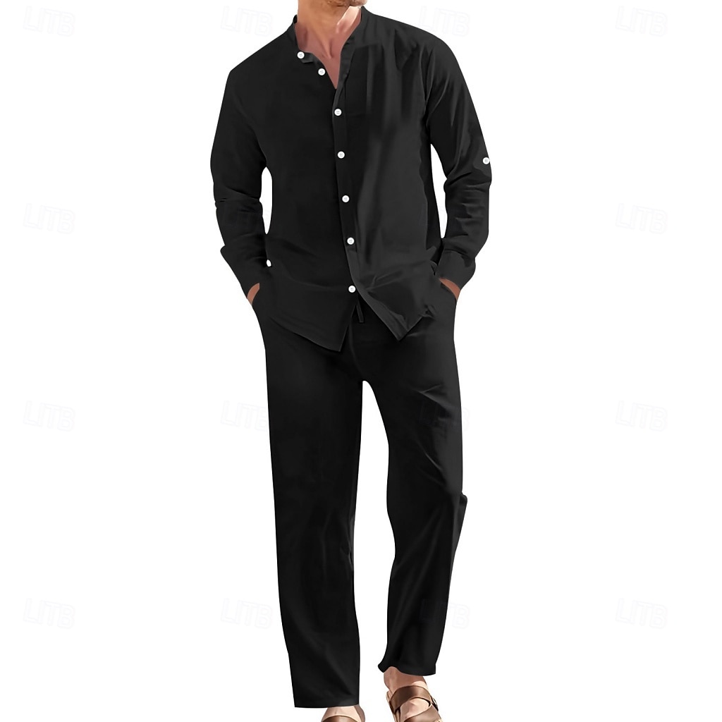 Homme Chemise en lin Deux pièces Ensemble Chemise Et Pantalons en Lin Pantalons Pantalon décontracté Set Uni Quotidien Extérieur Vacances Col grand-père manche longue Été Printemps Mode Occasionnel de 2026 ? $41.99 –P10