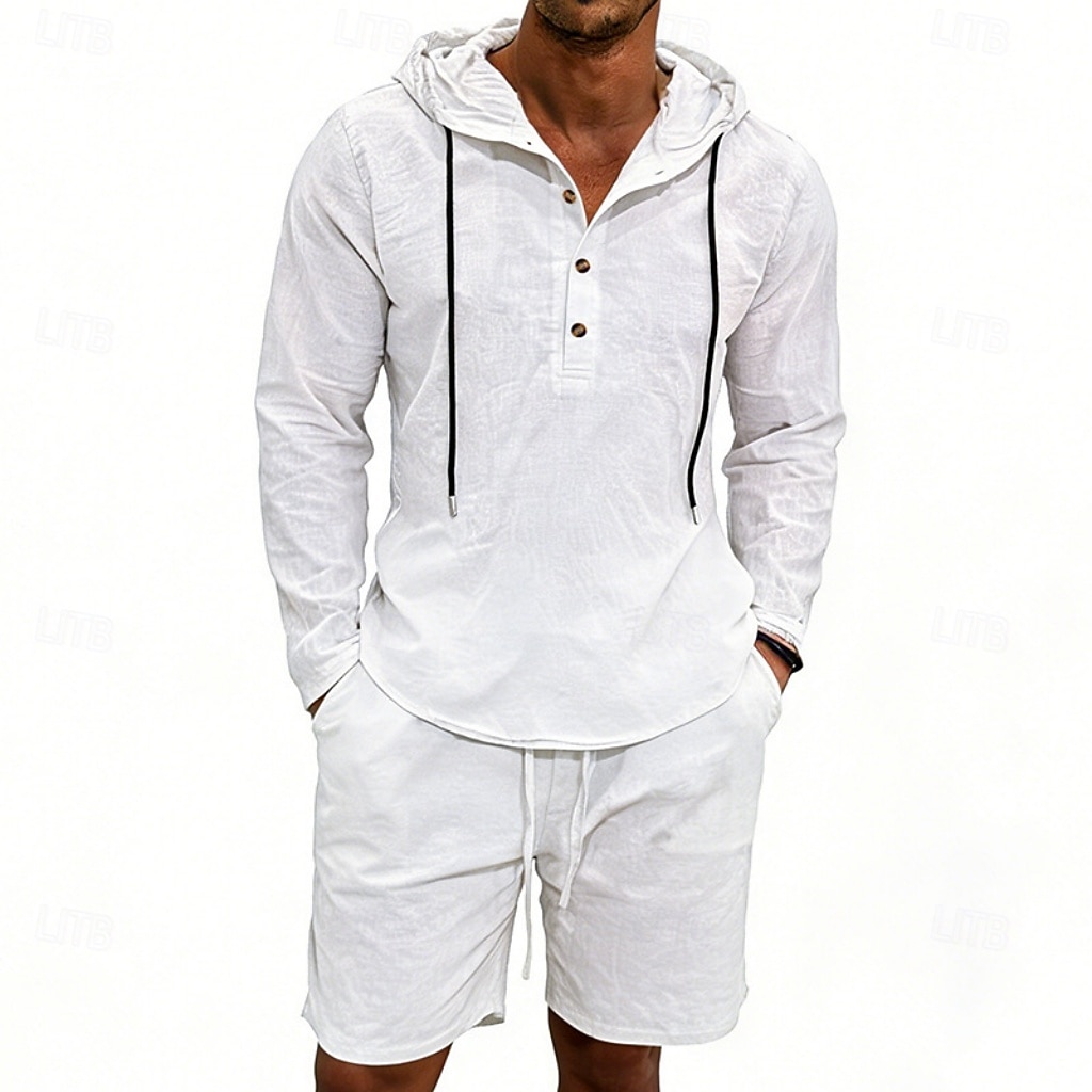 Herre Linskjorte 2 deler Popover skjorte Og Shorts Lin Shorts Strandshorts Sett عادي Daglig utendørs Feriereise Med hette Langermet Sommer Mote Fritid Bekvem Klær 2026 - $36.99 –P4