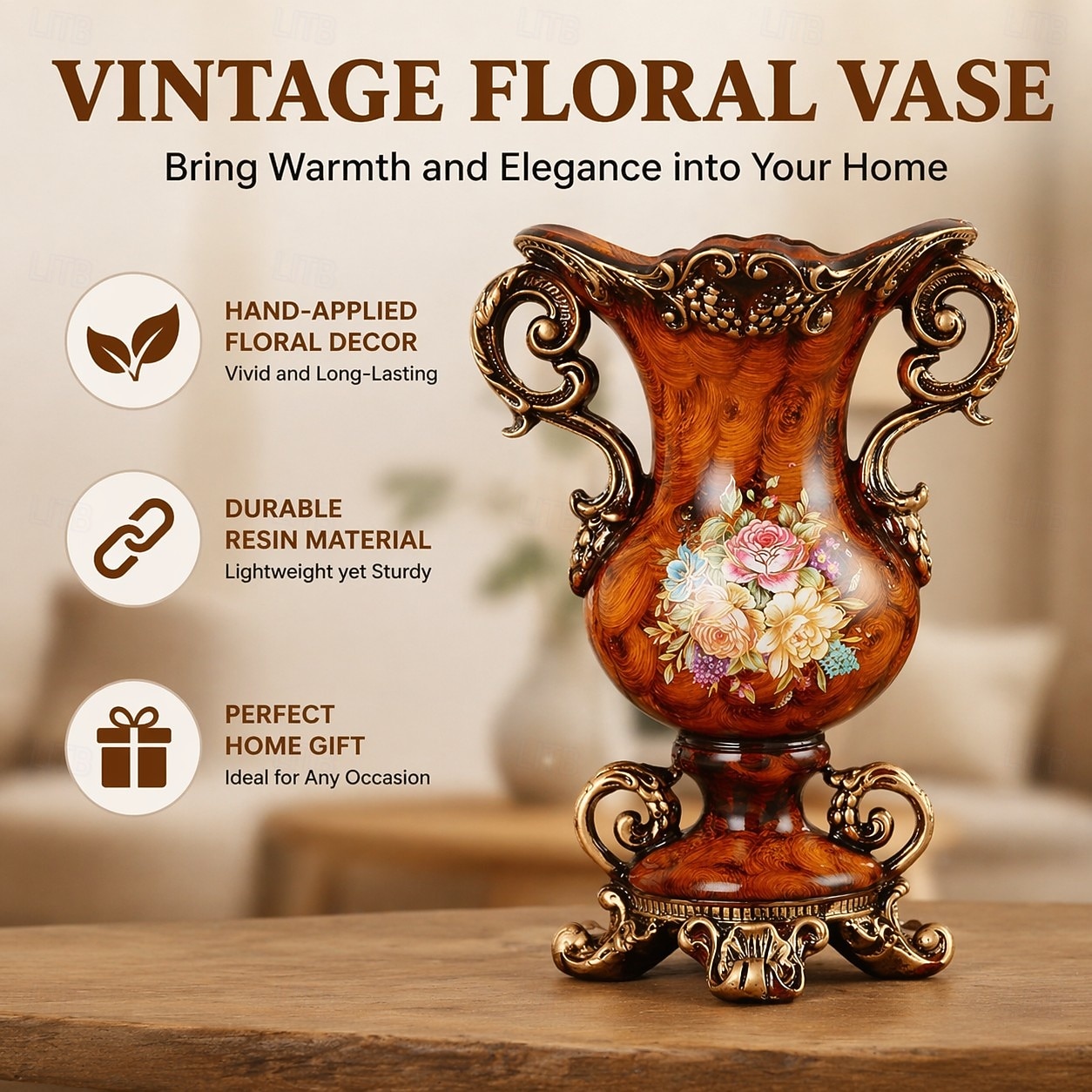 europeisk kunstig vintage blomsteroppsats vasesett gyllen harpiksvase falsk blomst, luksuriøs europeisk stil hjemmeinnredning, bordblomsteroppsats for stue, kontor, hotell, inngangsparti 2026 - $79.99 –P1
