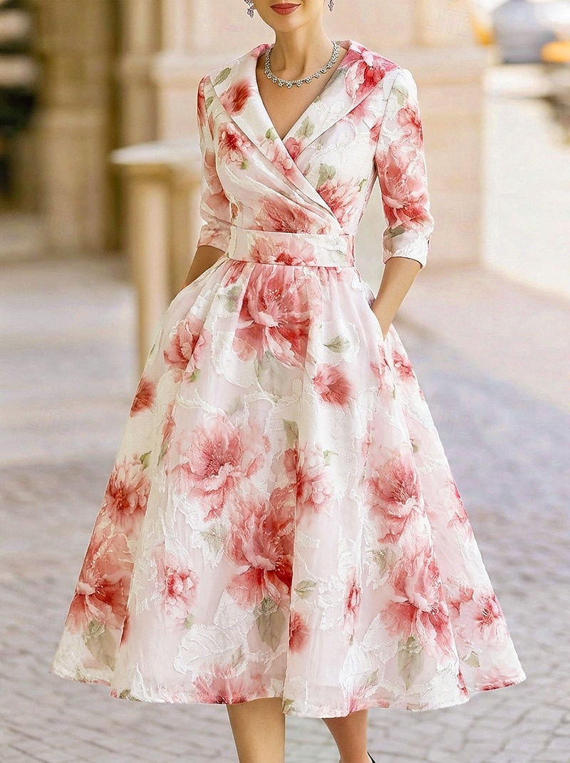A-Line Tea Length Party Dress Cocktail Dress Wedding Guest Dress Mother of the Bride Dress 3/4 Length Sleeve V Neck Shirt Collar Elegant Vintage Formal Organza Jacquard with Floral Print 2026 - $174.99 –P1