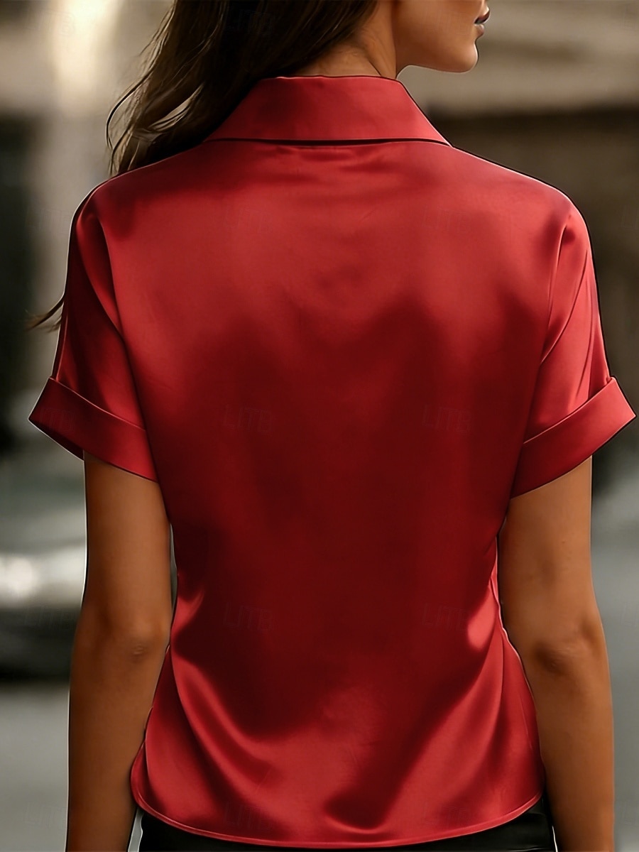 Dames Satijnen overhemd Blouse Effen Kleur Elegant Stijlvol Basic Korte mouw Overhemdkraag Normale tops Casual Dagelijks Kantoor blauw Zwart Rood Abrikoos Zomer Lente 2026 - $25.99 –P13