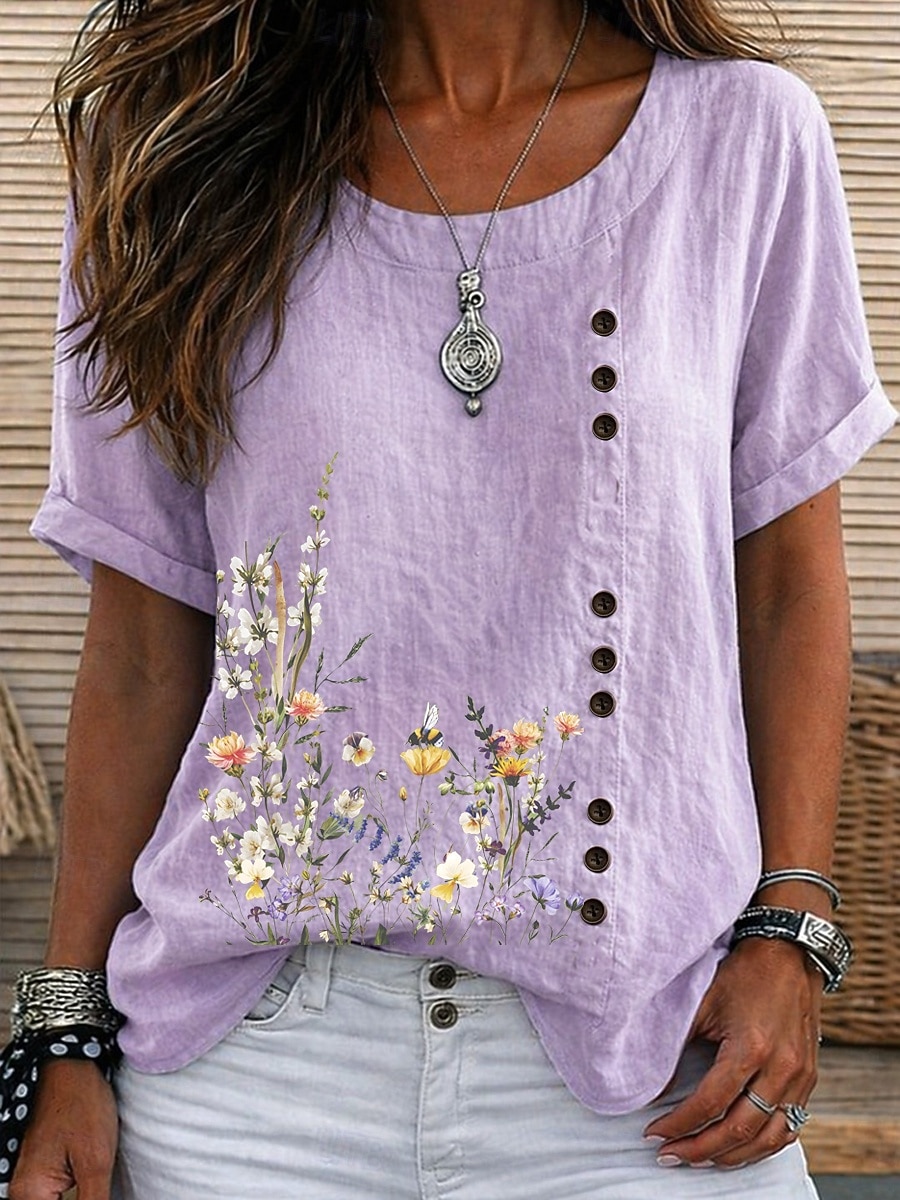 Women's Blouse Buttons Floral Graphic Elegant Vintage Daily Short Sleeve Crew Neck Regular Tops Casual Daily Holiday Blue Grass Green White Yellow Pink Summer Spring 2026 - $24.99 –P4