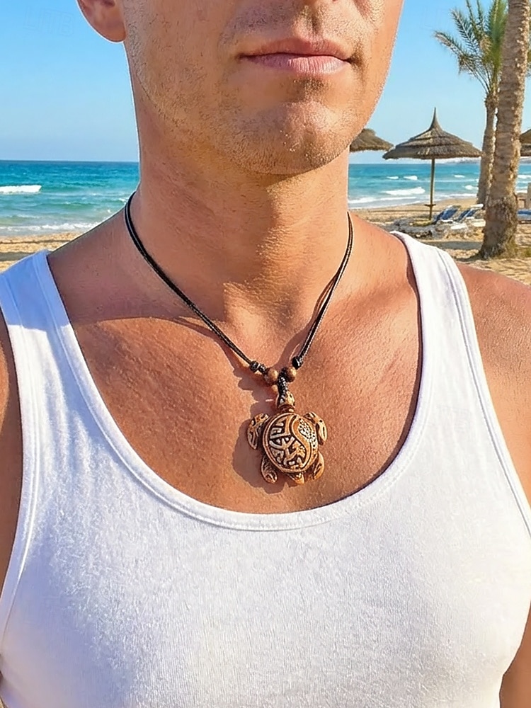 Halsketting voor heren in bohemian vintage stijl, gemaakt van acryl, met verschillende hangeropties, waaronder een schildpad en ivoor, en een verstelbaar koord. Ideaal voor een strandvakantie, 2026 - $7.99 –P2
