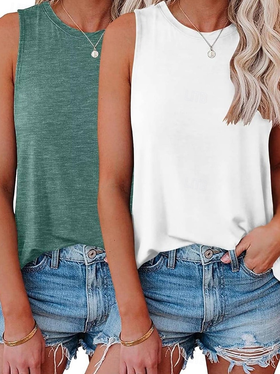 Confezioni multiple 2 pezzi Per donna Girocollo Senza Maniche Bianco + rosa Canotta Maglietta senza maniche Maglietta Tinta unica Casuale Quotidiano Poliestere Estate del 2026 a $25.99 –P6