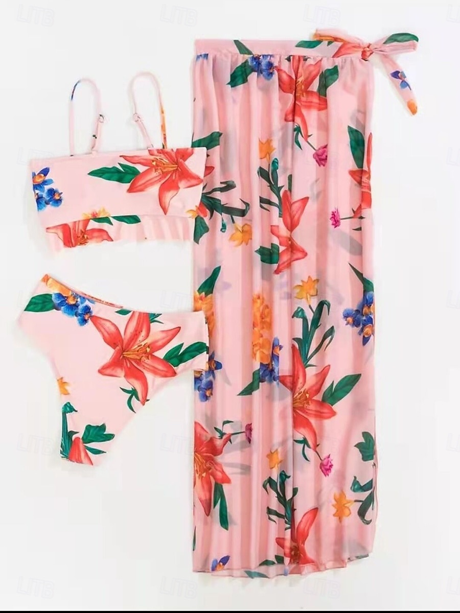 Damen Badeanzug Bikini Dreiteilig Slips Bademode Gerafft Urlaub Strandbekleidung Blumen Grafik V Ausschnitt Ärmellos Badeanzüge 2026 - $26.99 –P8