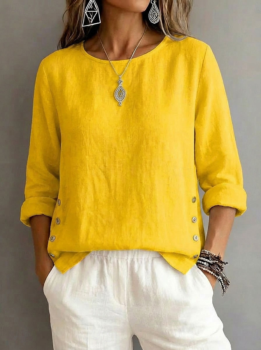 Per donna Blusa Arricciato Bottoni Semplice Vintage Elegante Manica Lunga Girocollo Top Regolari Quotidiano Ferie Uscire Blu Nero Bianco Giallo Rosa Estate Primavera del 2026 a $10.99 –P5