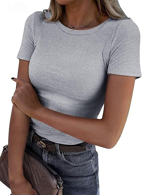 Women's Blouse Solid Color Vintage Stylish Basic Short Sleeve Round Neck Regular Tops Daily Blue Black White Pink Purple Summer Spring 2026 - $19.99 –P3