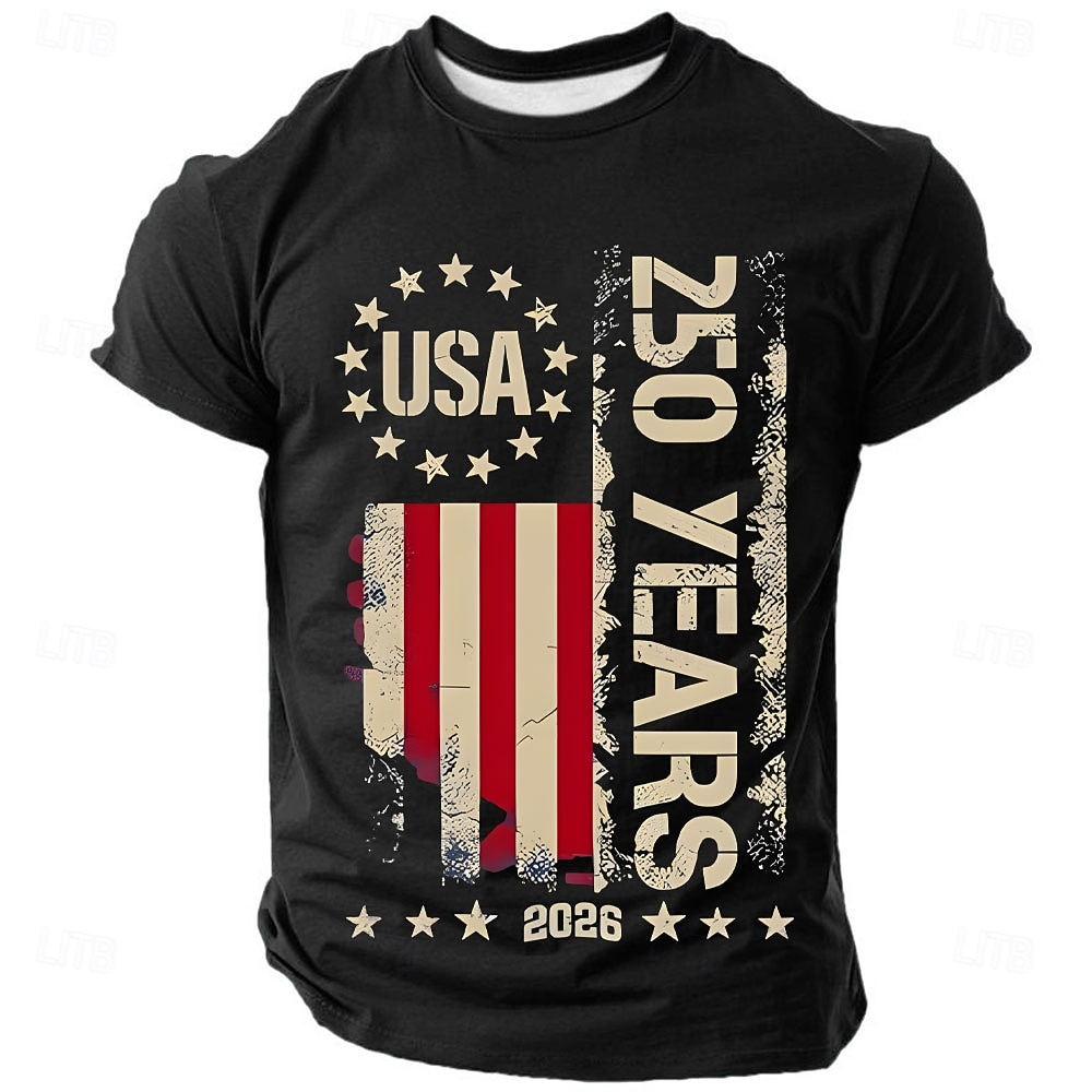 4. juli 2026 250. Herre Helfarge Amerikansk amerikansk flagg T skjorte Kortermet T skjorte 3D-utskrift Crew-hals Skjorte Vintage retro Patriotisk Daglig Festival Blå Svart Burgunder Sommer Vår Klær S 2026 - $18.99 –P2