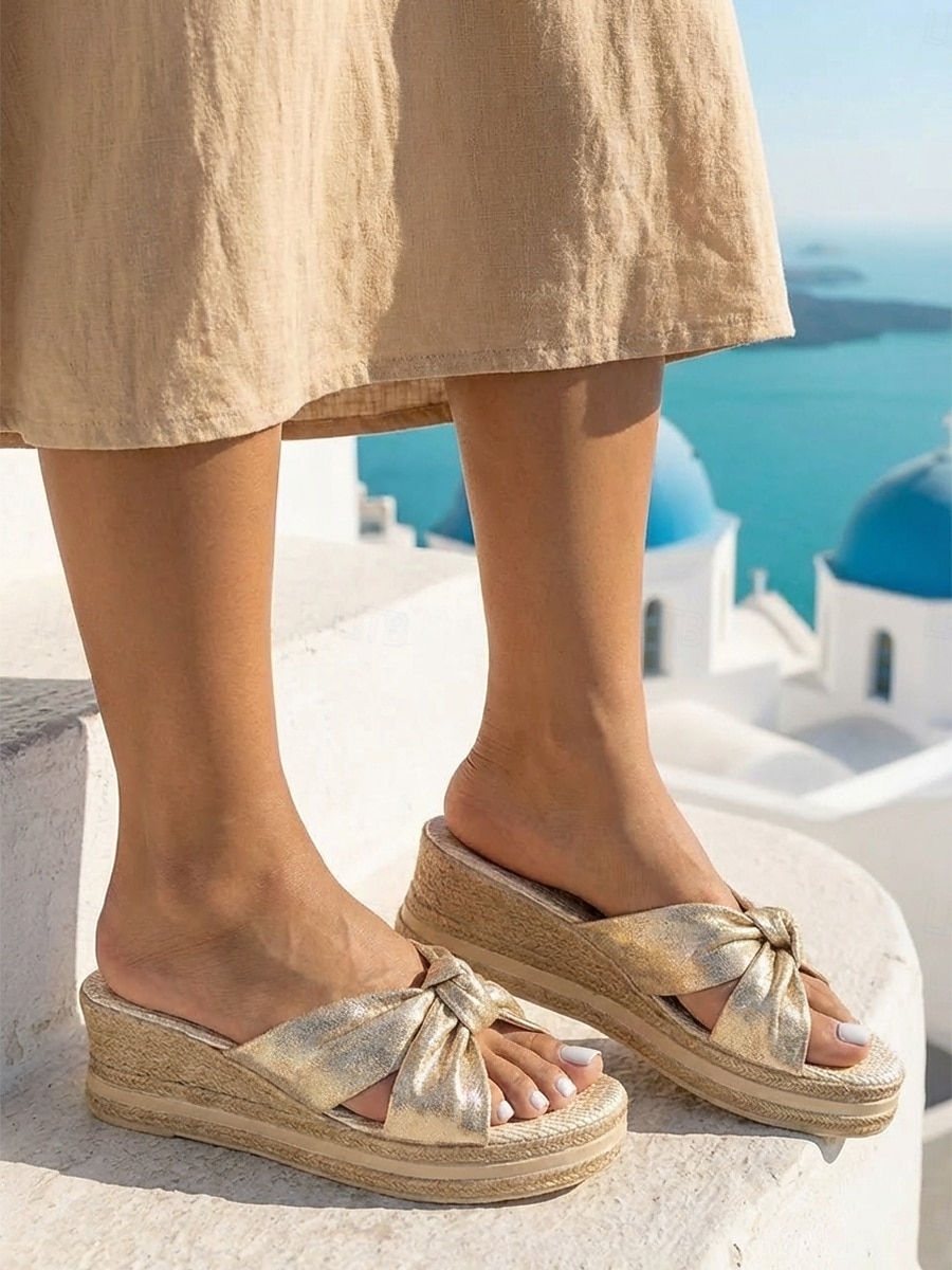 Women's Metallic Gold Wedge Sandals - Elegant Twisted Knot Espadrille Platforms for Island Vacations, Beach Weddings & Glamorous Summer Getaways 2026 - $32.99 –P1