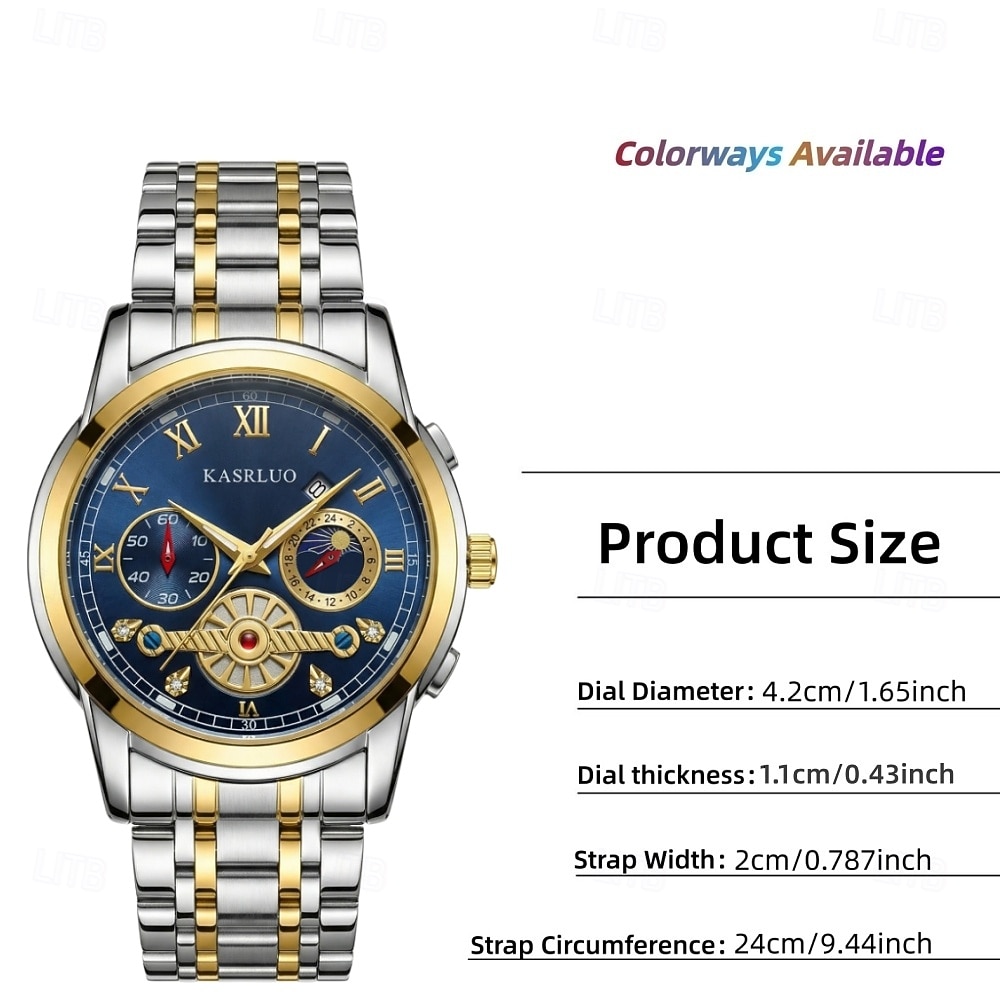 Blue Dial Men's Watch, Luxury Moon Phase Business Wristwatch, Two-Tone Stainless Steel Analog Watch with Skeleton Flywheel & Gift Box, Waterproof Stylish Gift for Men, Silver and Gold 2026 - $25.99 –P4