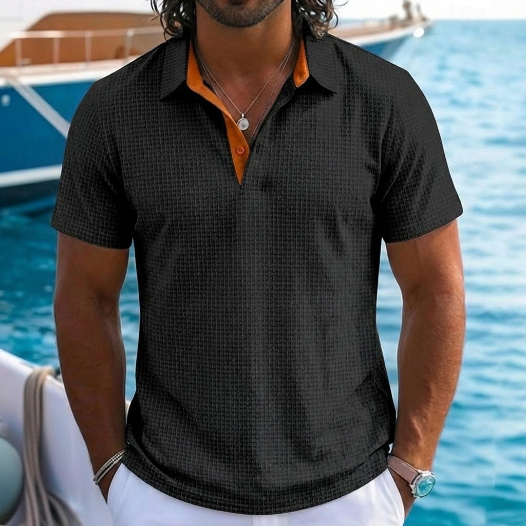 Bărbați Texturat Tricou polo din tricot Waffle Casual Afaceri Clasic Manșon scurt Modă Modern Culoare solidă Texturat Uscare rapidă Bloc de Culoare Vară Primăvară Fit regulat Negru Alb Bleumarin 2026 - $21.99 –P10