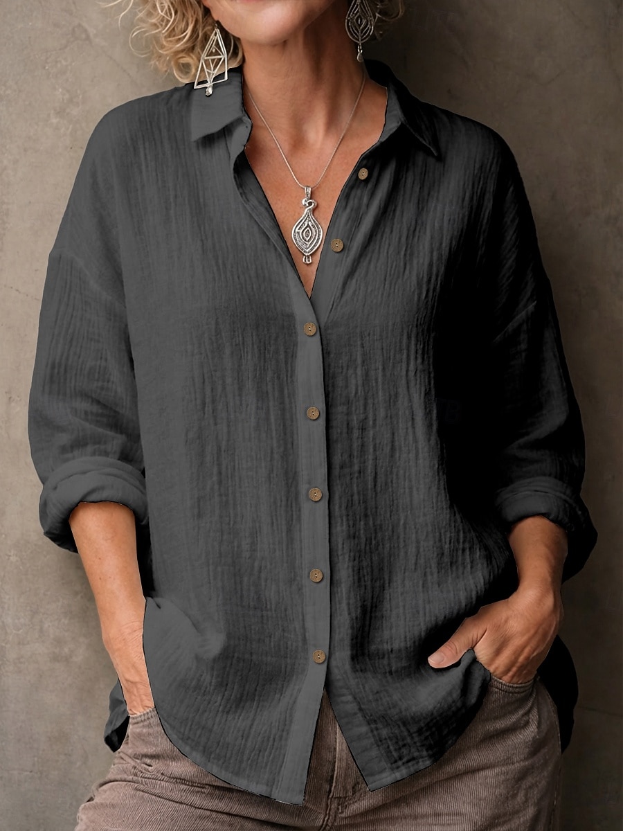 2026年 女性用 シャツ ブラウス フェイクリネンシャツ 純色 ベーシック カジュアル 長袖 ラペル レギュラートップス カジュアル 日常 ブルー ブラック ホワイト イエロー ピンク 夏 春  コレクション – ₪71 –P13