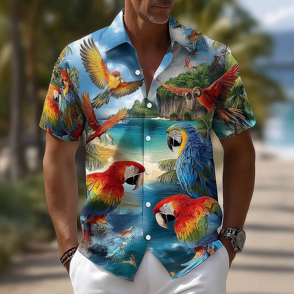Homens Pássaro Flores tropicais Papagaio Camisa Social Camisas havaianas Camisas tropicais Manga Curta Havaiana Praia Férias Verão Primavera Aberto para a Lateral Impressão 3D Camisas de botões Azul de 2026 por $25.99 –P1