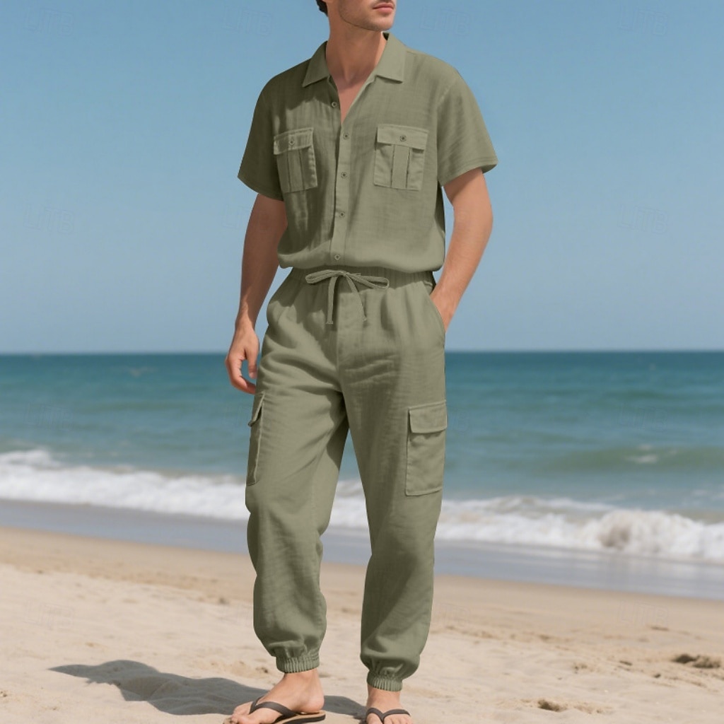Men's Linen Shirt 2 Piece Shirt Set And Cargo Pants Linen Pants Trousers Set Plain Casual Daily Outdoor Turndown Short Sleeves Summer Fashion Casual Comfortable Clothing Apparel 2026 - $36.99 –P16