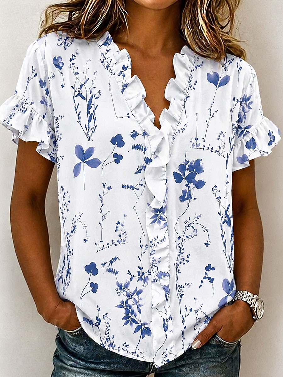 Per donna Camicia Tunica Volant Floreale Grafico Elegante Moda Quotidiano Manica Corta Scollo a V Top Regolari Casuale Quotidiano Blu Nero Rosa Viola Estate Primavera del 2026 a $26.99 –P4