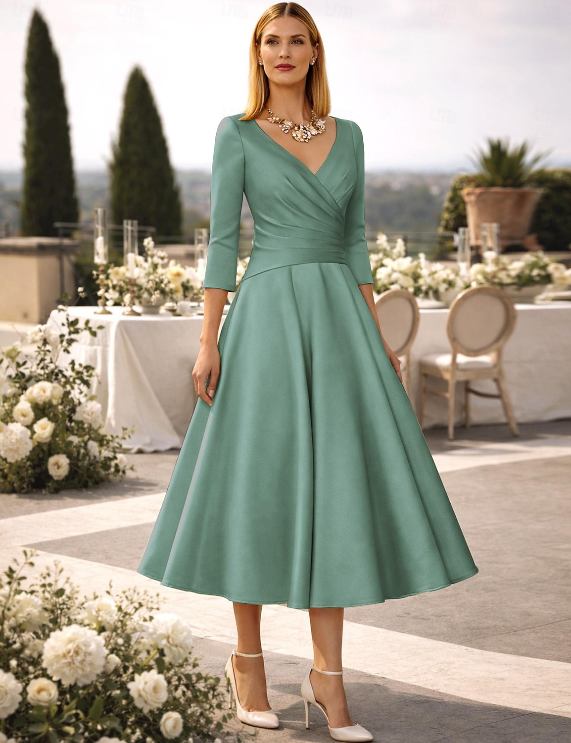 A-Linie Tee-Länge Cocktailkleider Partykleider Elegant Vintage Übergröße Dreiviertelarm V Ausschnitt Hochzeitsgast Satin mit Falten 2026 - $126.99 –P15