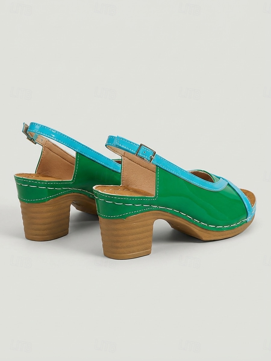 Sandali da donna color block con punta aperta e cinturino posteriore e tacco a blocco – comodi sandali estivi in pelle verniciata con tacco, ideali per vacanze, feste in giardino, viaggi e per l'uso del 2026 a $26.99 –P5