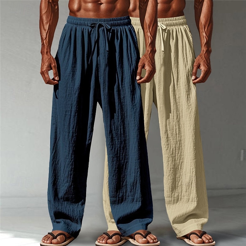 Men's Linen Pants Trousers Summer Pants Baggy Pants Beach Pants Drawstring Elastic Waist Straight Leg Plain Comfort Breathable Full Length Casual Daily Outdoor Vacation Fashion Green+Gray White+Navy 2026 - $34.99 –P12