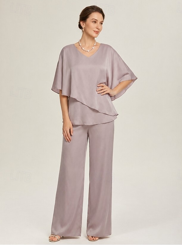 Conjunto feminino de calça pantalona com decote em V e sobreposição de chiffon, ideal para casamentos e ocasiões elegantes. de 2026 por $36.99 –P2