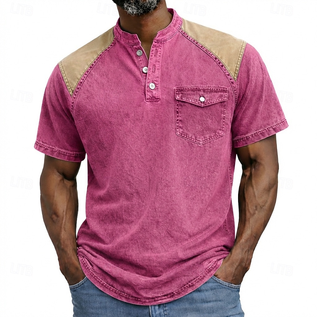 Men's Henley Shirt 100% Cotton Acid Wash Shirt Short Sleeve Plain Solid Vintage Retro Vintage Casual Zipper Vintage Style Garment Dyed Henley Casual Spring & Summer Summer Spring Black Pink Light 2026 - $33.99 –P7