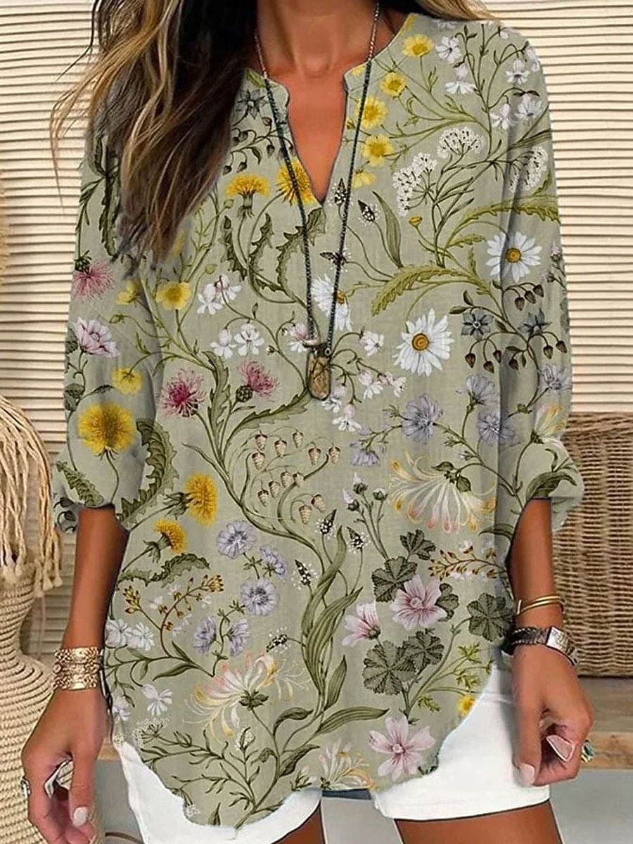 Mujer Camisa camisa boho Blusa Estampado Floral Graphic Vintage Diario Elegante Manga Larga Escote en Pico Tops largos Casual Diario Festivos Negro Verde Trébol Beige Verano Primavera 2026 - $32.99 –P4