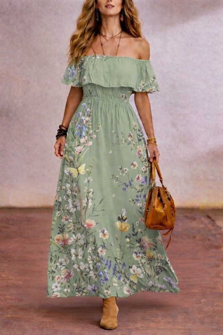 Vestido longo feminino de chiffon, modelo tubinho, estilo evasê, com ombros à mostra, ideal para férias, festas na praia, casamentos, modelagem padrão, estampa floral, sem mangas, nas cores azul e de 2026 por $44.99 –P1