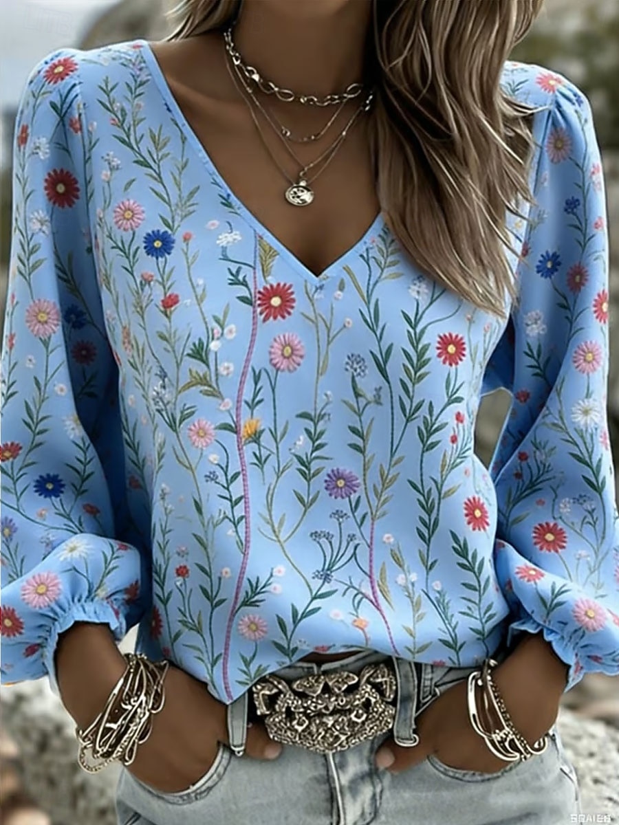 Mulheres Camisa Social Imprimir Floral Gráfico Boêmia Férias Vintage Manga Longa Manga lanterna Decote V Tops regulares Casual Diário Feriado Azul Branco Amarelo Cinzento Verão Primavera de 2026 por BHD 11.96 –P4