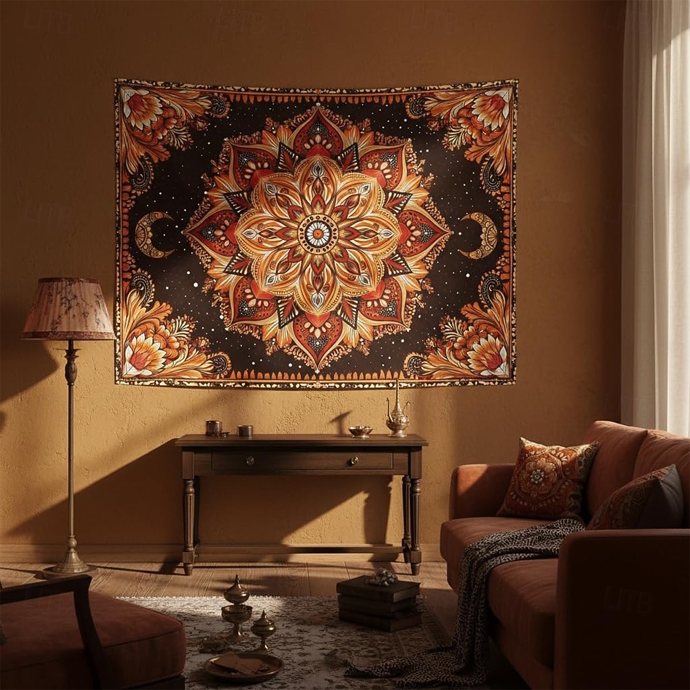 Tapiserie de perete cu mandala boho, semilună, noapte înstelată, floare, agățat de perete, portocaliu ars, hippie, artă psihedelică, poster mare din material textil, pentru dormitor, cămin, living, 2026 - $20.99 –P2
