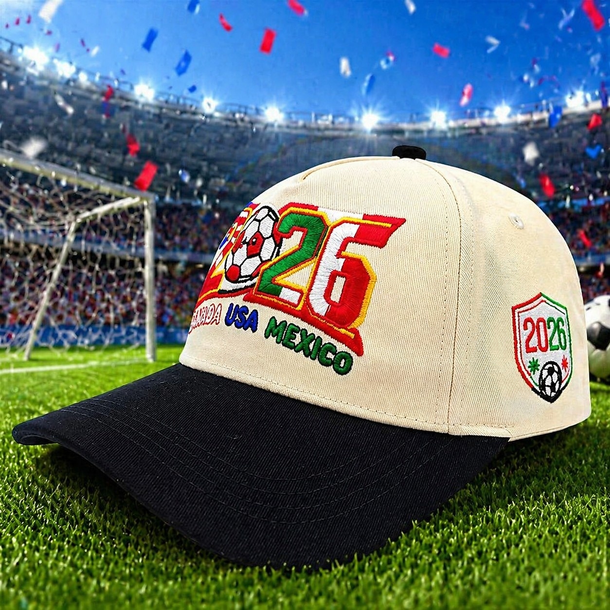 WK voetbal 2026 pet met geborduurd logo van de VS, Canada en Mexico, verstelbare unisex voetbalfanpet voor buiten, wedstrijddagen, feestjes en als cadeau. 2026 - $19.99 –P1
