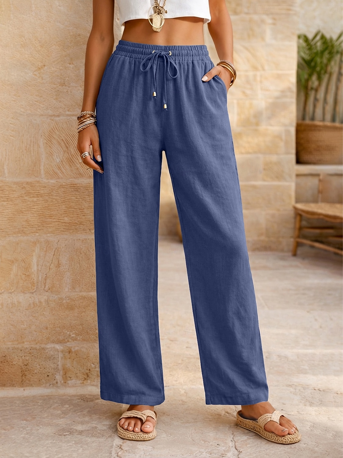 Women's Cotton Linen Pants Summer Pants Pants Trousers Vacation Basic Casual Daily Full Length Natural Plain Drawstring Front Pocket Comfort Breathability Comfortable Inelastic Daily Going out Weekend 2026 - $22.99 –P12