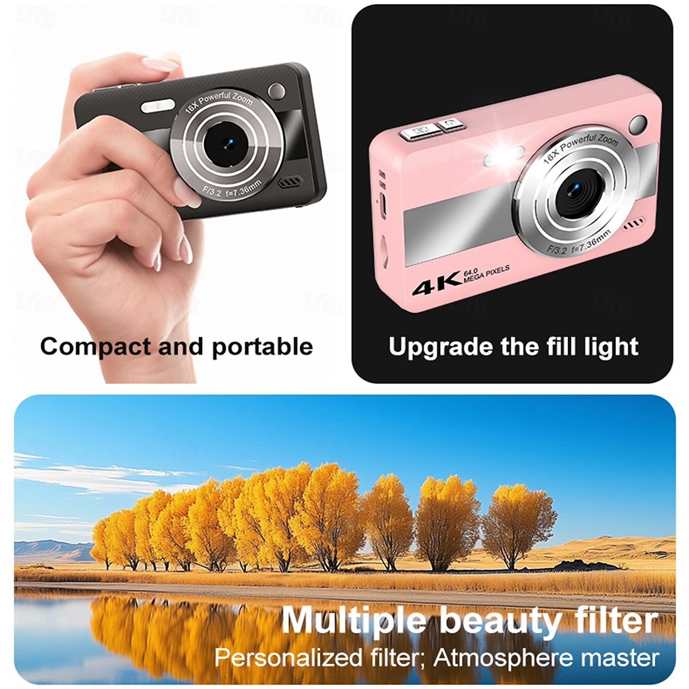 4K Digital Camera for Photography, 64MP Vlogging Camera for YouTube with 16X Zoom, Compact Point and Shoot Camera for Kids Teens Beginners Students, Portable Travel Camera with Fill Light 2026 - $51.99 –P3