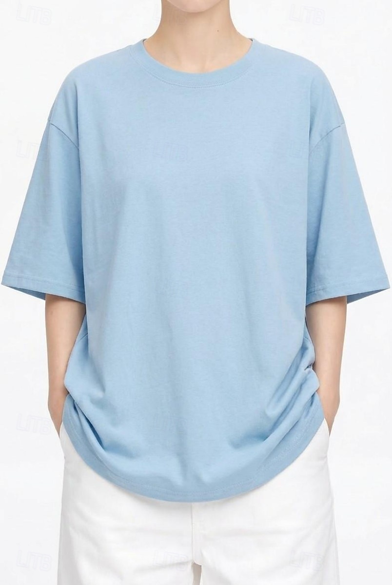 T-shirt surdimensionné en 100 % coton pour femme tee-shirt haut couleur unie élégant basique décontracté manches courtes col rond hauts réguliers sports quotidiens sortie noir blanc rose vin bleu de 2026 ? $19.99 –P13