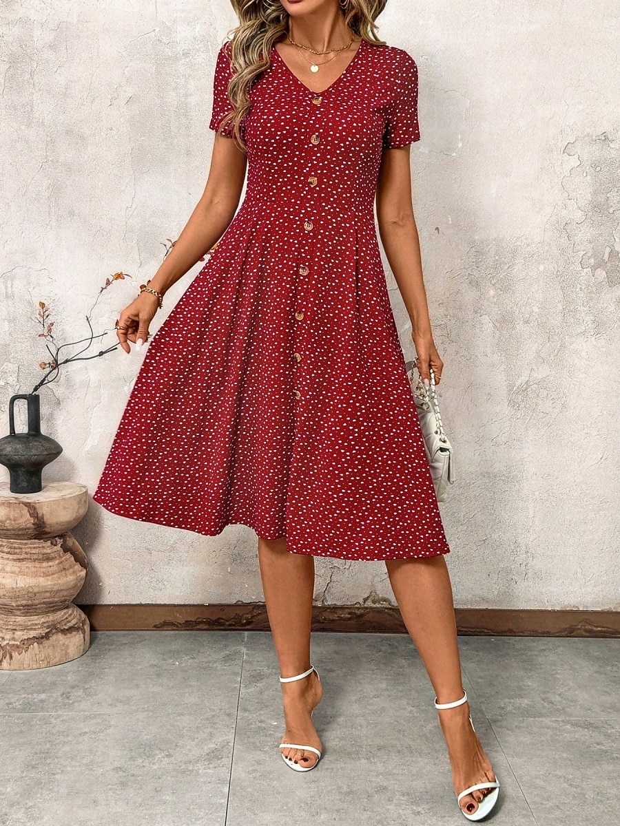 Women's Midi Dress A Line Dress Casual Outdoor Going out Regular Fit Polka Dot Short Sleeve V Neck Navy Black Wine Green Summer Spring 2026 - $27.99 –P9