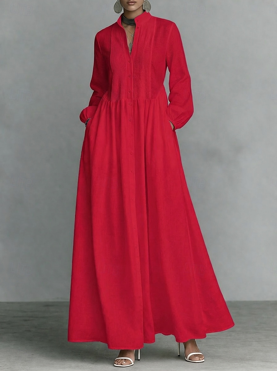 Жен. Длинное платье Платье-рубашка Белое платье Платье на выпускной Элегантный стиль Мода Современное на открытом воздухе Отпуск На выход Стандартный Полотняное плетение Длинный рукав Вырез под горло 2026 - NZ $76.09 –P7