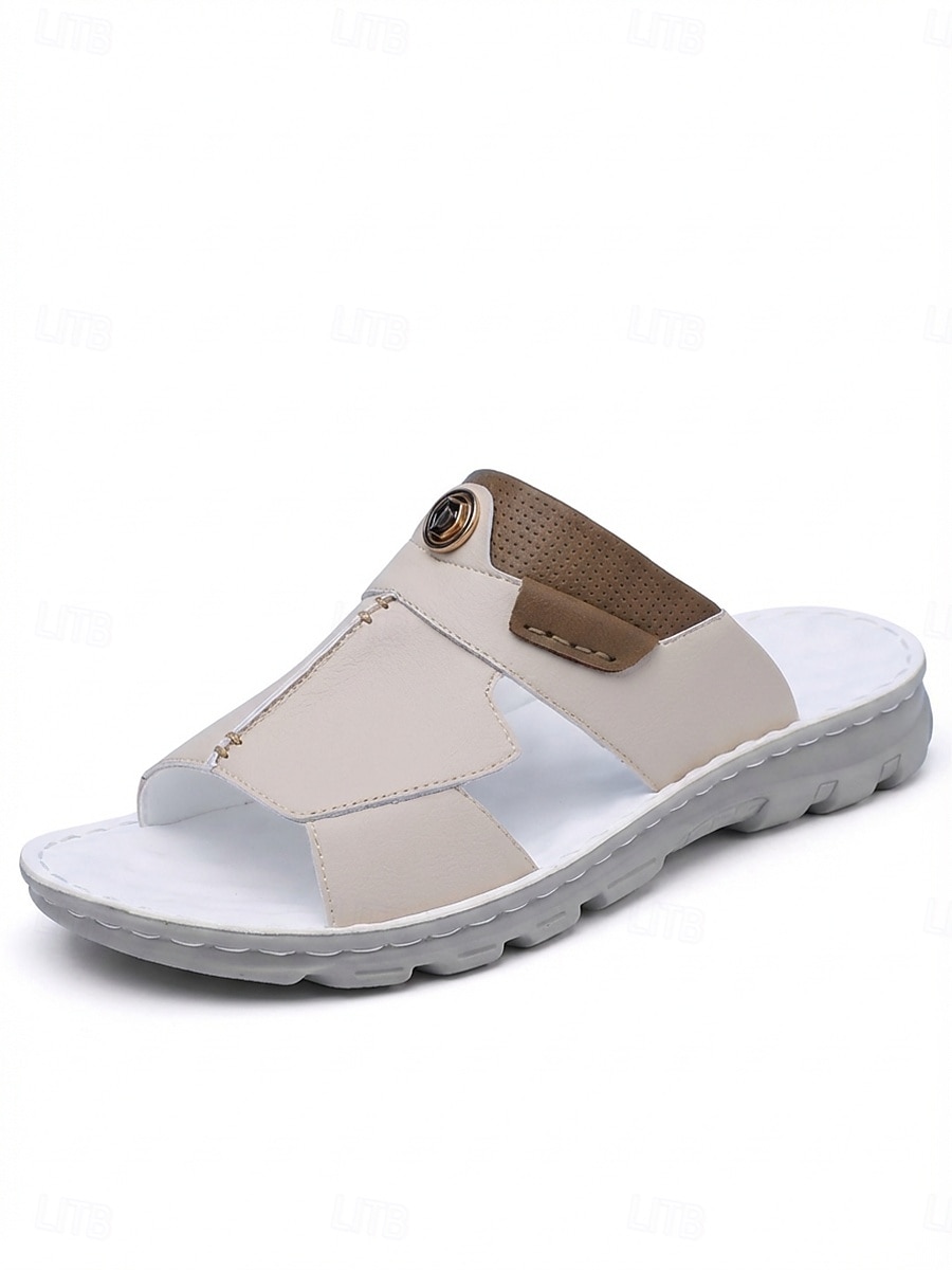 Sandálias masculinas de couro sintético bege com tira ajustável, respiráveis, ideais para férias de verão na praia. de 2026 por $34.99 –P5