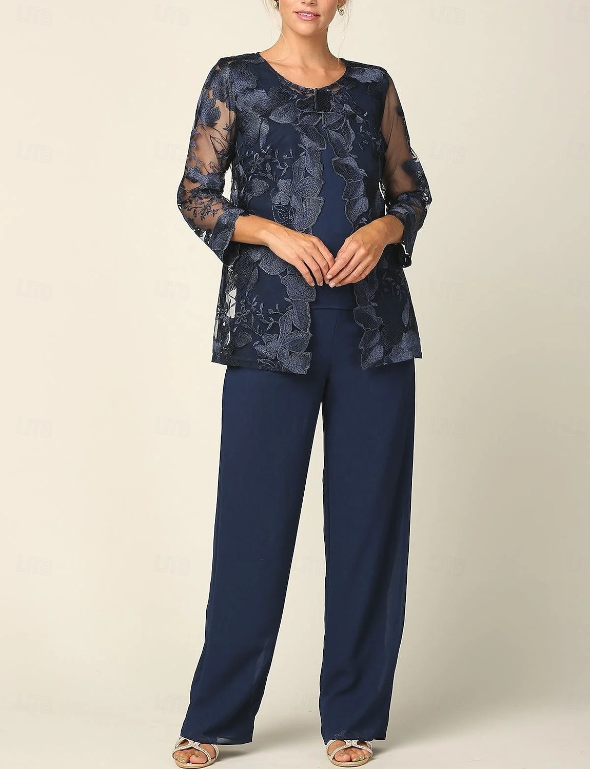 Jumpsuit Pantsuit 3 Piece Floor Length Mother of the Bride Dress Long Sleeve Crew Neck Elegant Formal Wedding Guest Chiffon Wrap Included with Lace Embroidery 2026 - $195.99 –P7