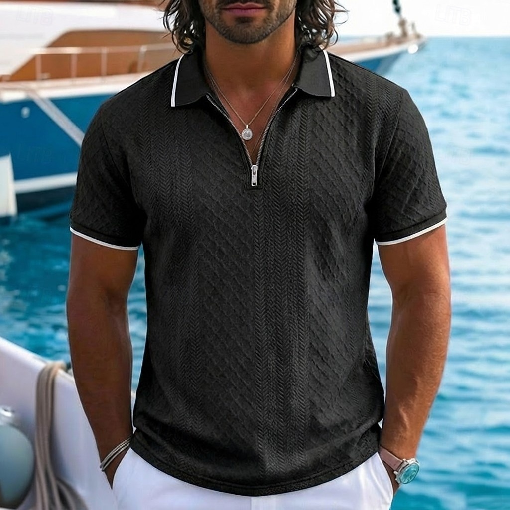 Homens Polo com zíper Textura Casual Feriado Lapela Quarter Zip Manga Curta Moda Básico Tecido Jacquard Quarter Zip Verão Normal Azul Claro Preto Branco Vinho Azul Marinha Caqui Polo com zíper de 2026 por $22.99 –P11