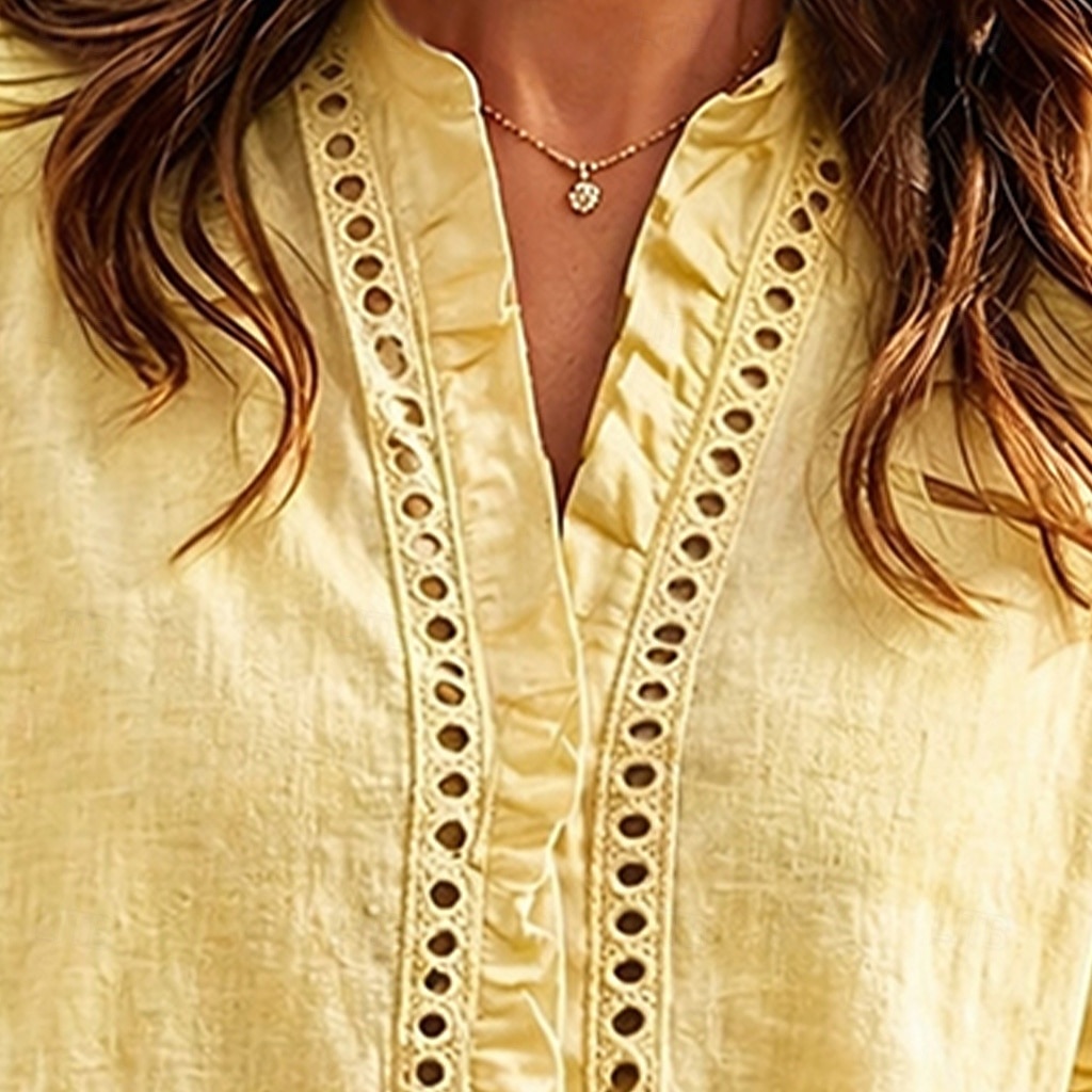 Mujer Camisa Camisa casual Abotonar la camisa Lino de algodón sintético Volante Ojal Botones Color sólido Plano Vacaciones Moda Diario Manga Larga Escote en Pico Tops regulares Ropa de calle Playa 2026 - $32.99 –P2