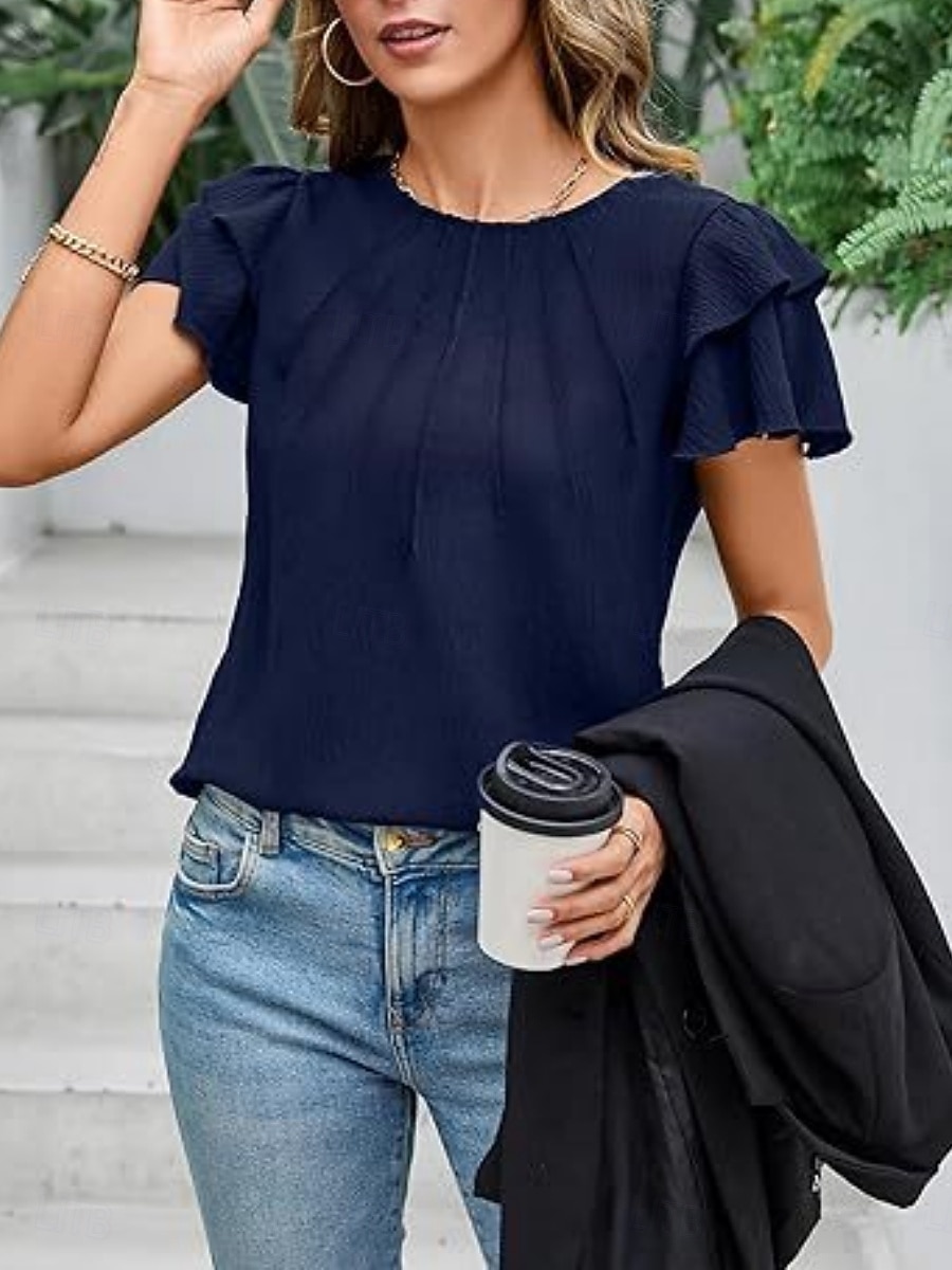 Dames T-shirt Met ruches Effen Elegant Modieus Stijlvol Korte mouw Strakke ronde hals Normale tops Dagelijks Uitgaan Weekend Zwart Wit Marineblauw Groen Abrikoos Zomer Lente 2026 - $21.99 –P16