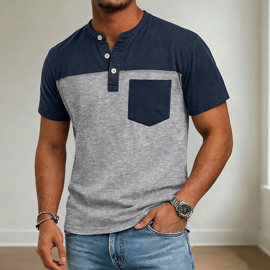 Herren Henley Hemd Hemd aus 100 % Baumwolle in Säurewaschung Kurzarm Henley Sommer Frühling Ganzjahres Farbblock Patchwork Retro Vintage Lässig Henley Patchwork Vintage-Stil Farbblock Lässig Blau Kaki 2026 - $35.99 –P4