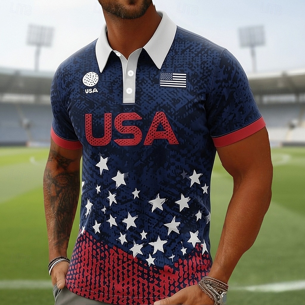 Coupe du monde de football 2026 Homme Drapeau Américain Football Polo Manche Courte Polos Chemises à Col Occasionnel Athleisure Impression 3D Boutons Printemps & Été Bleu de 2026 ? $22.99 –P1