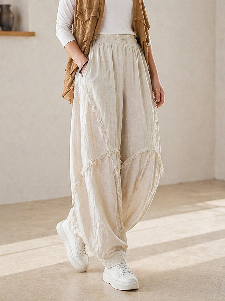 70% Linen Women's Linen Pants Chinos Summer Pants Bloomers Vacation Streetwear Basic Full Length Medium Waist Plain Pocket Elastic Waistband Inelastic Daily Outdoor rice white Coffee Fall Winter 2026 - $52.99 –P3