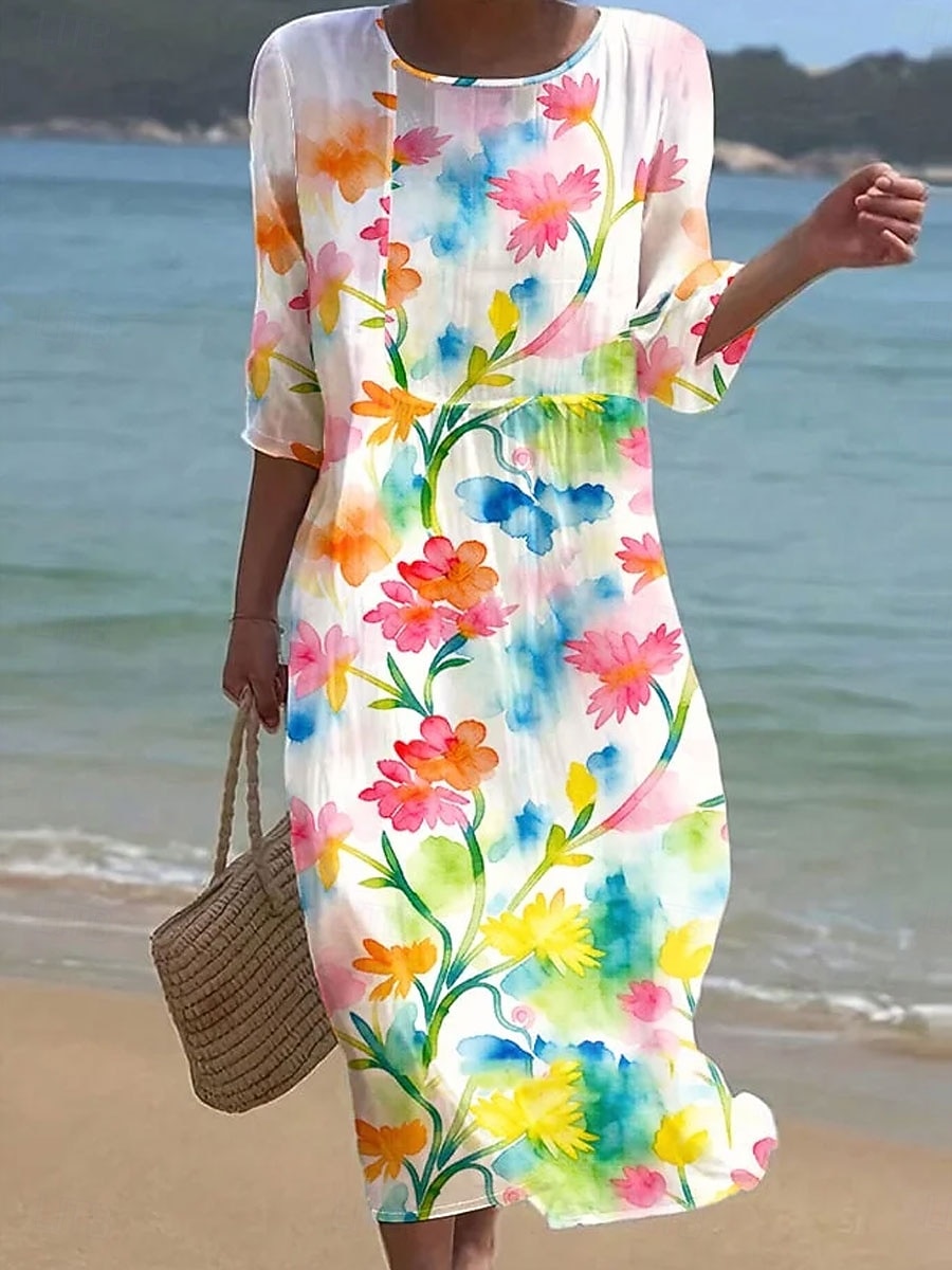 Women's Midi Dress Shift Dress Vacation Casual Beach Beach Regular Fit Floral Graphic 3/4 Length Sleeve Crew Neck White Yellow Pink Beige Summer Spring 2026 - $41.99 –P6
